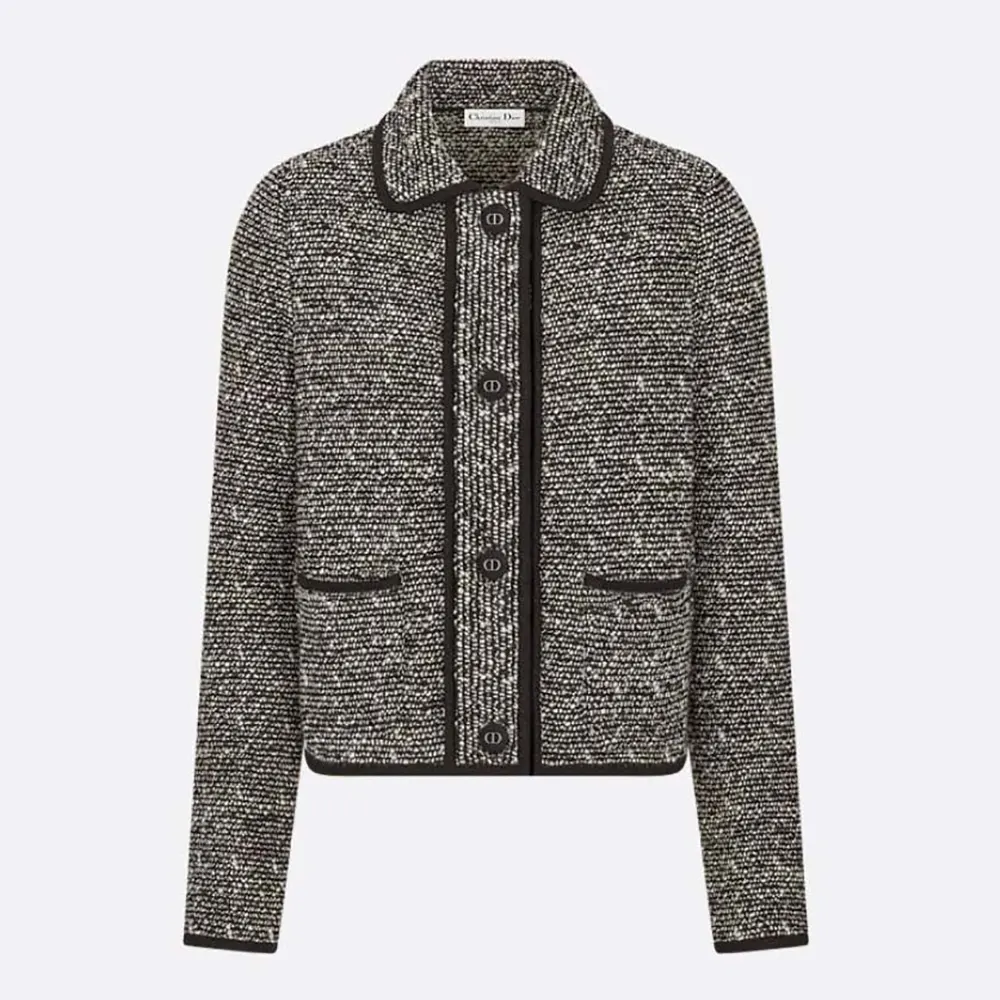 Front view of Dior Women Jacket Black Wool-Blend Heathered Textured Knit