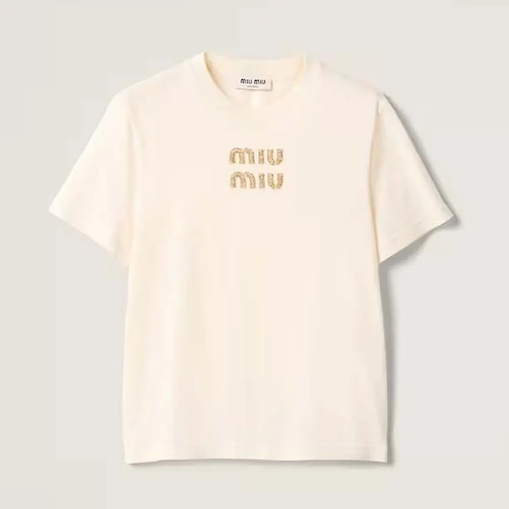 Front view of Miu Miu Women Jersey T-shirt in white cotton jersey
