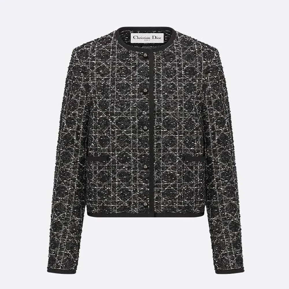 Front view of Dior Women Macrocannage Cropped Jacket Black and White Technical Cotton Tweed