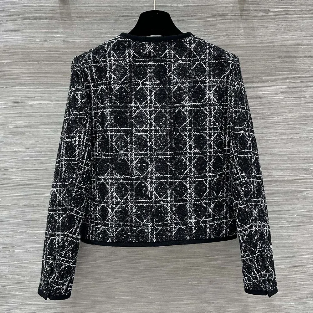 Side profile showing tailored cropped fit of Dior Women Macrocannage Technical Cotton Tweed jacket