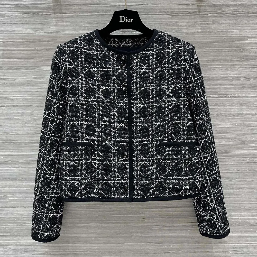 Close-up of Macrocannage stitching on Dior Women Macrocannage Cropped Jacket in black and white