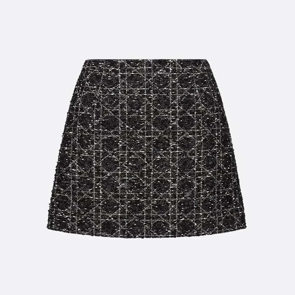 Front view of Dior Women Macrocannage Miniskirt Black and White Technical Cotton Tweed