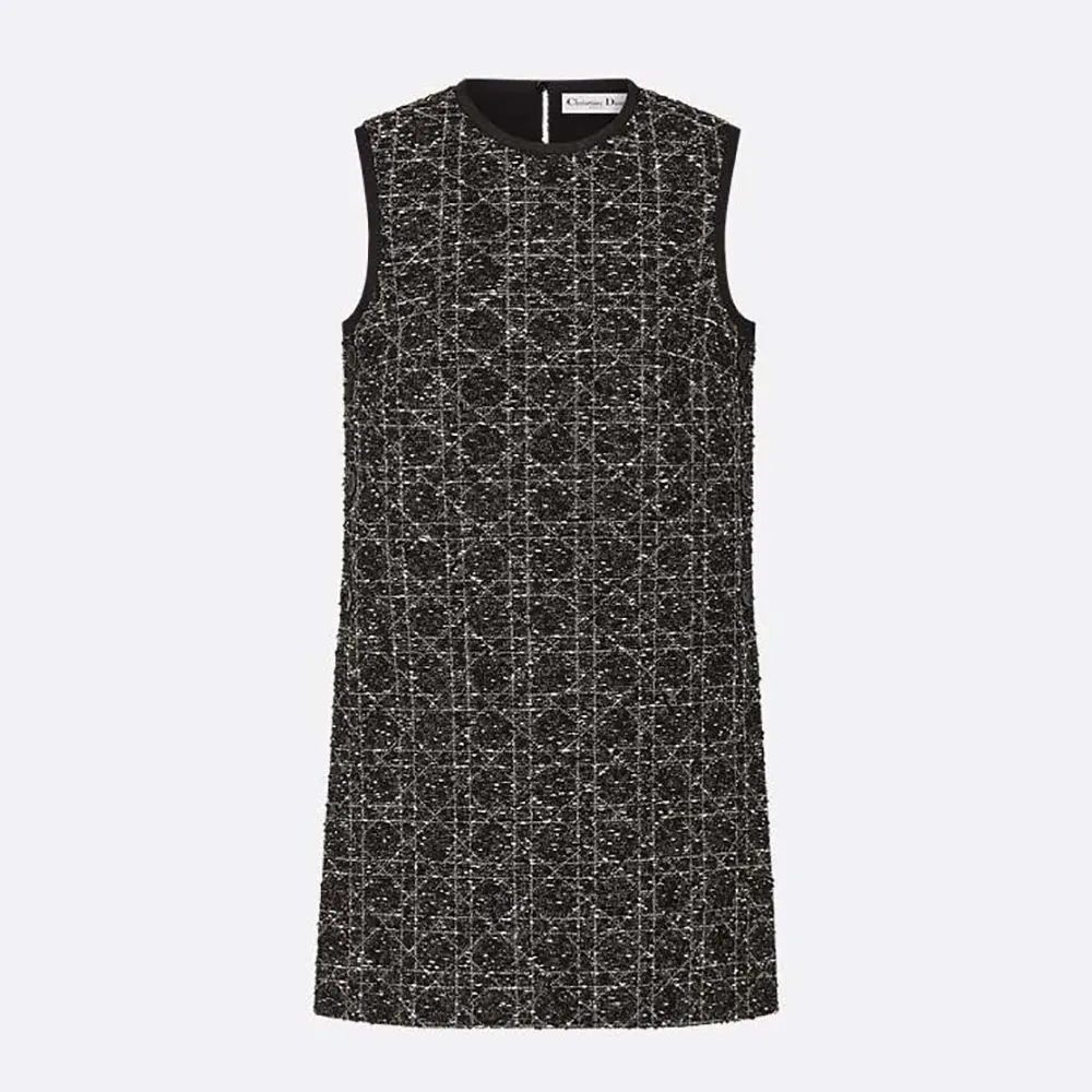 Front view of Dior Women Macrocannage Sleeveless Tunic in black and white tweed