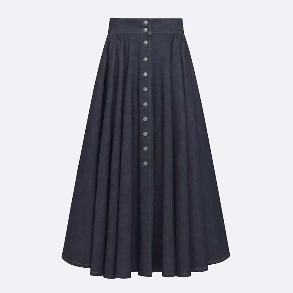 Front view of Dior Women Mid-Length Skirt with Snaps Deep Blue Cotton Denim