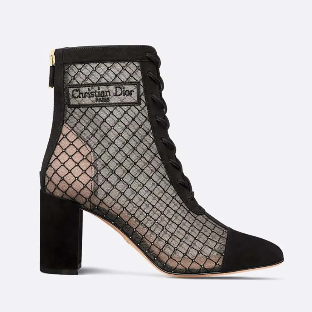 Side profile of Dior Women Naughtily-D Heeled Ankle Boot transparent mesh