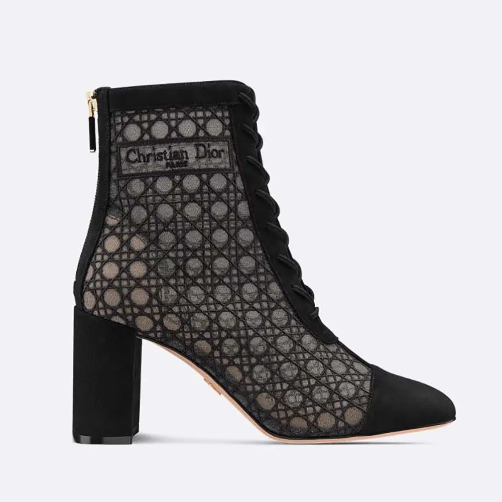 Side view of Dior Women Naughtily-D Heeled Ankle Boot Transparent Mesh Embroidered with Black