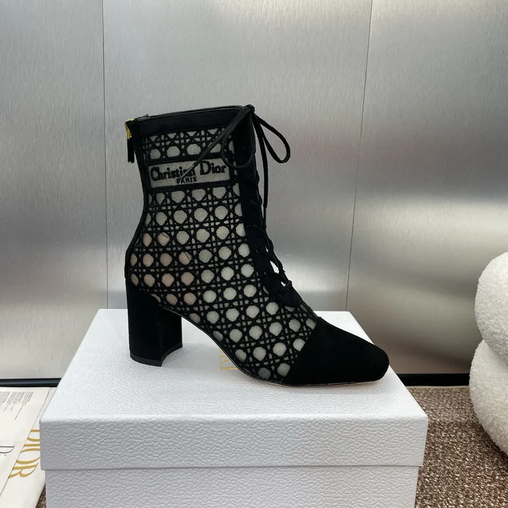 Close-up on embroidered transparent mesh of Dior Women Naughtily-D Heeled Ankle Boot
