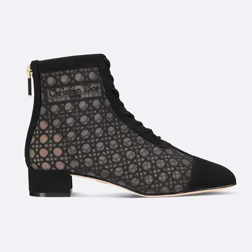 Side view of Dior Women Naughtily-D Heeled Ankle Boot with black Cannage embroidery