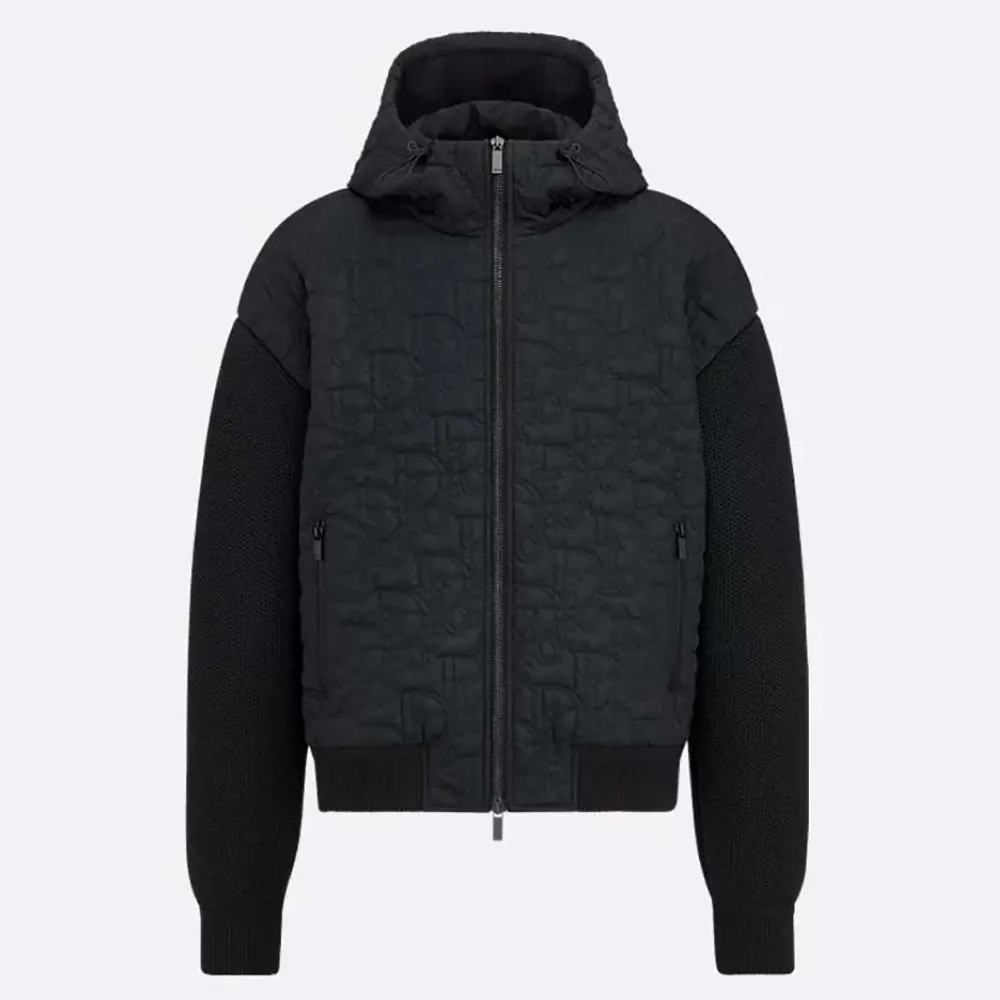 Front view of Dior Men Oblique Hooded Blouson Jacket Black Cotton-Blend Knit