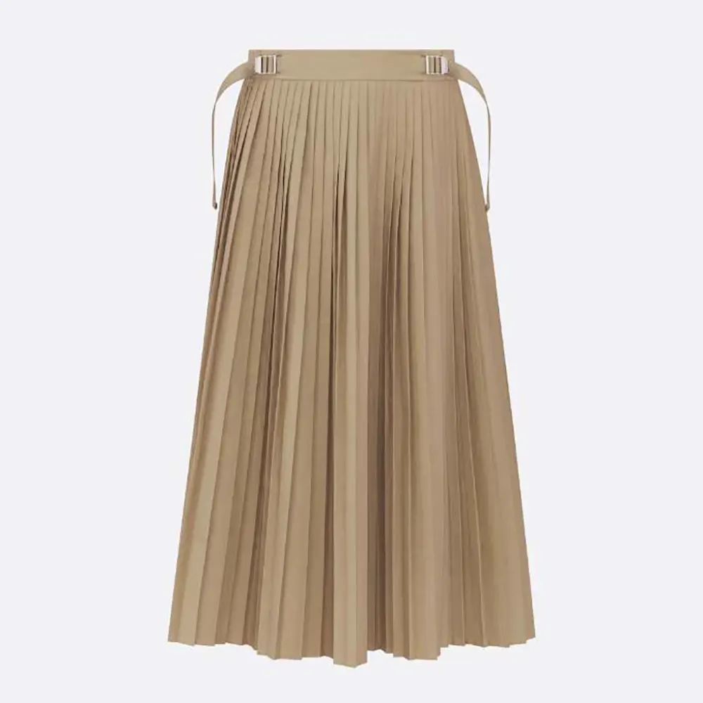 Front view of Dior Women Pleated Mid-Length Skirt Beige Cotton Gabardine