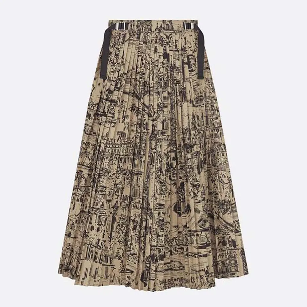 Front view of Dior Women Pleated Mid-Length Skirt with Paris motif