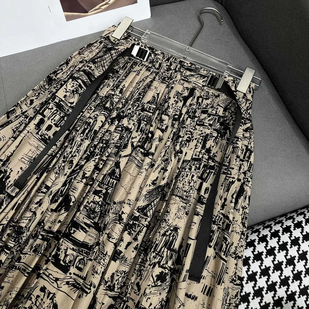 Dior Women Pleated Mid-Length Skirt Beige and Black Cotton Gabardine with Paris Allover Motif - image 4