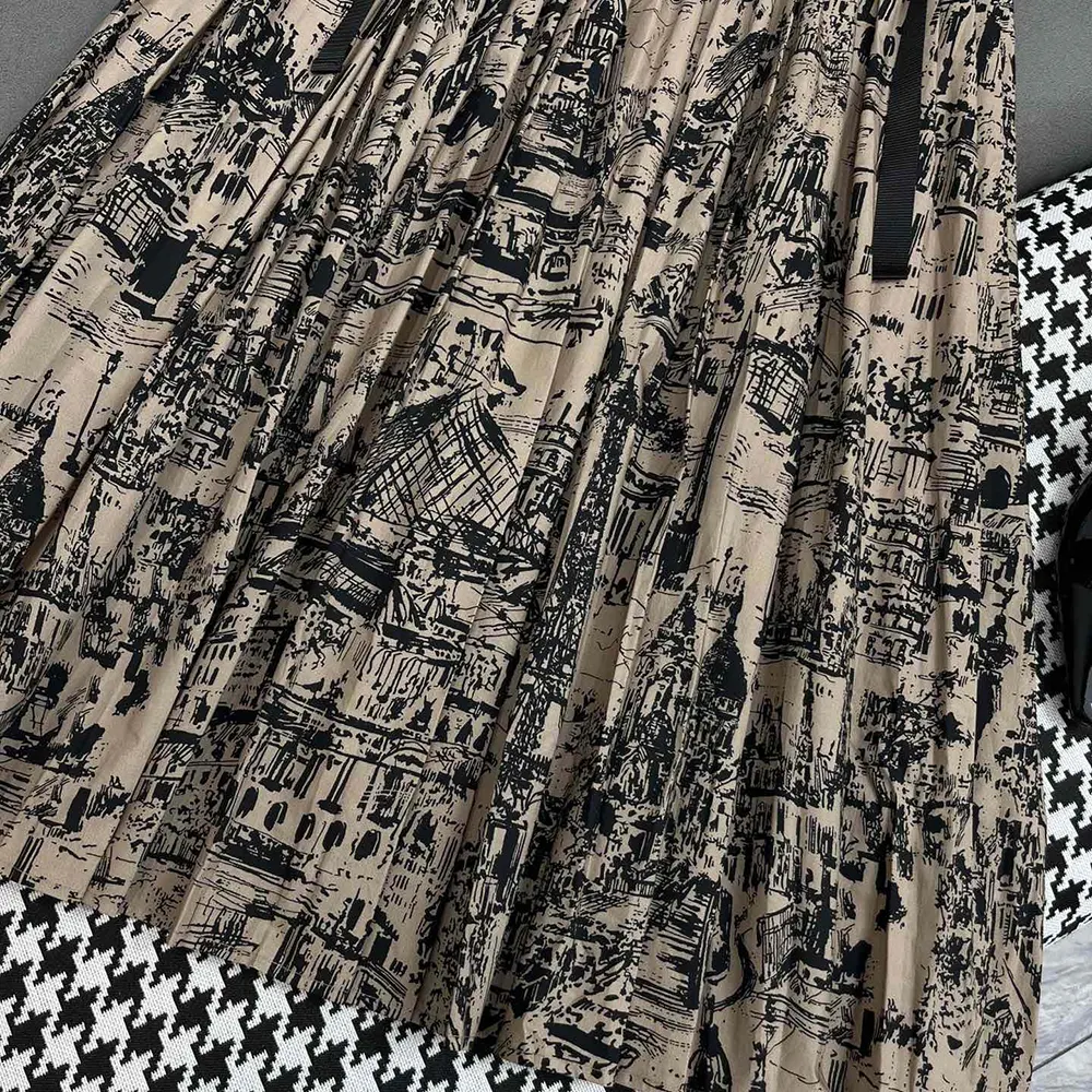 Dior Women Pleated Mid-Length Skirt Beige and Black Cotton Gabardine with Paris Allover Motif - image 9