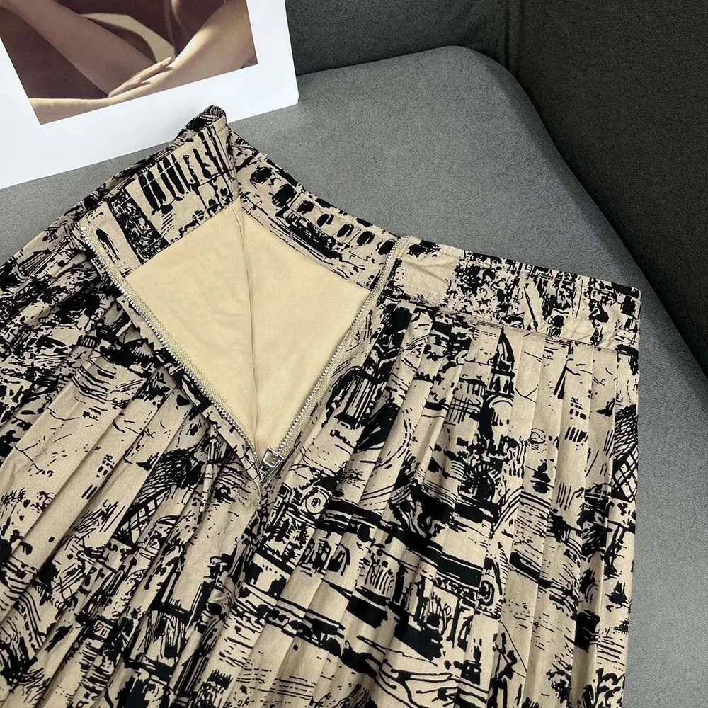 Dior Women Pleated Mid-Length Skirt Beige and Black Cotton Gabardine with Paris Allover Motif - image 7