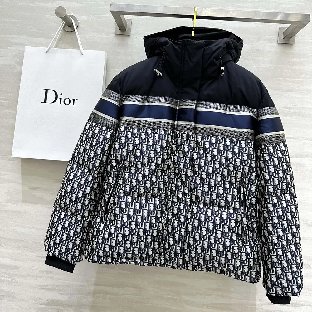Close-up of Dior Oblique quilted pattern on puffer jacket
