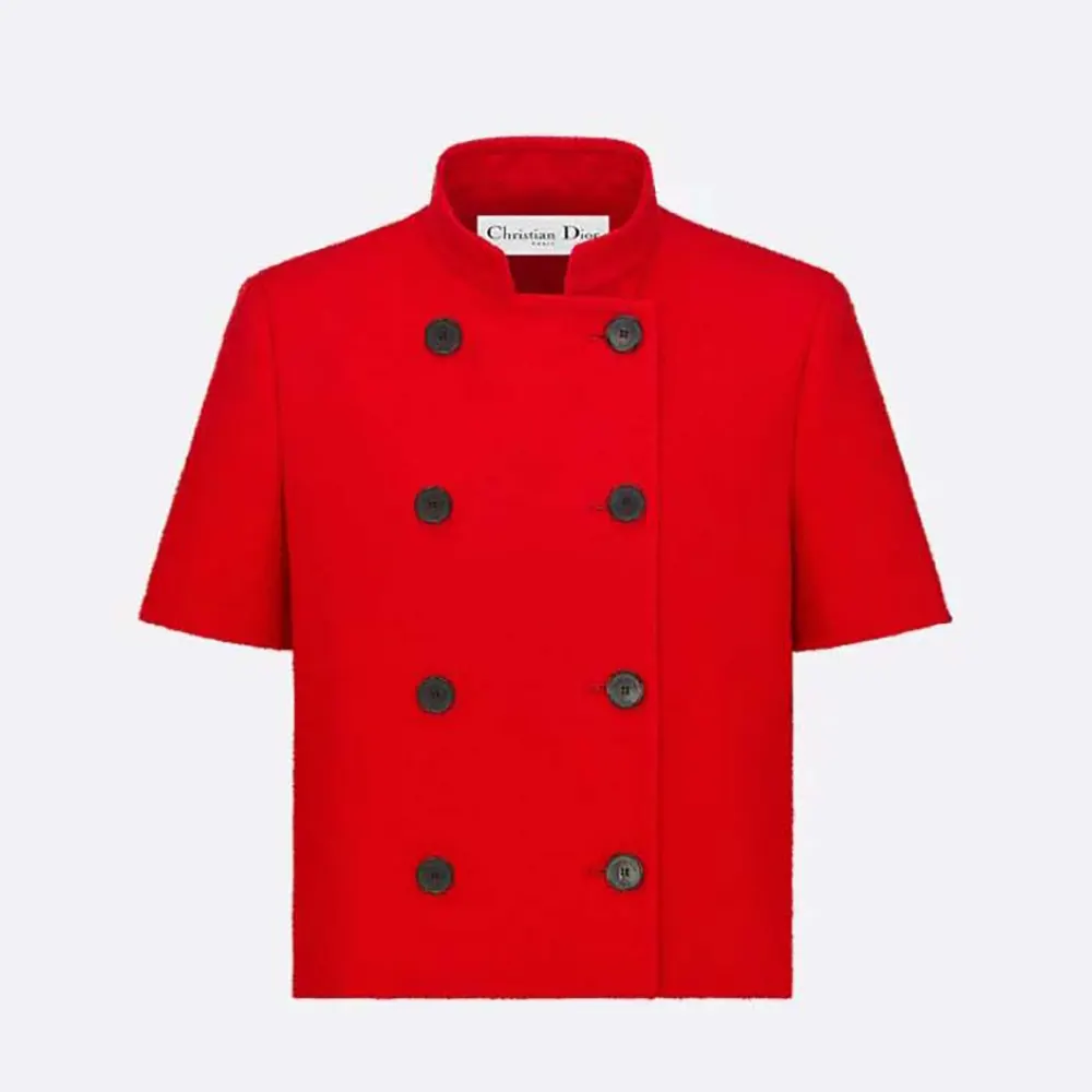 Front view of Dior Women Short-Sleeved Jacket Red Virgin Wool and Cotton Bouclé Blend