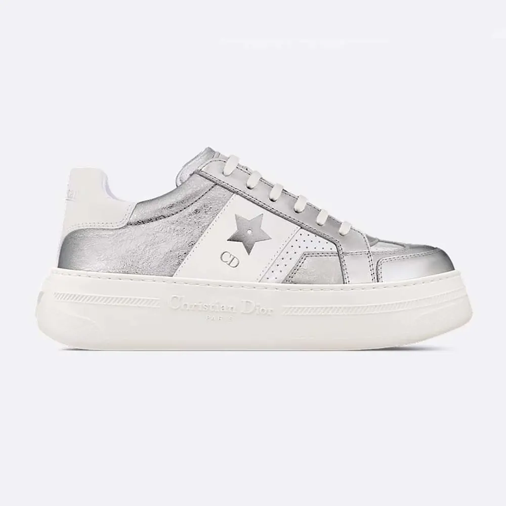 Side view of Dior Women Star Platform Sneaker Silver-Tone Crinkled-Effect Lambskin