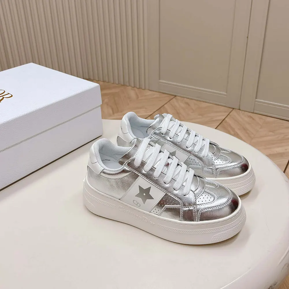 Top-down angle showing lace-up closure and leather textures of Dior Women Star Platform Sneaker