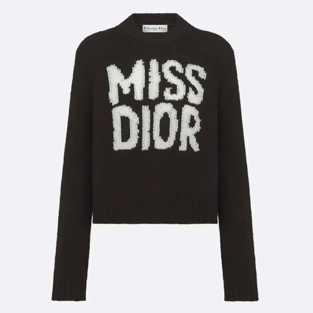 Front view of Dior Women Sweater Black Cashmere and Silk Knit with White Miss Dior Graffiti Motif