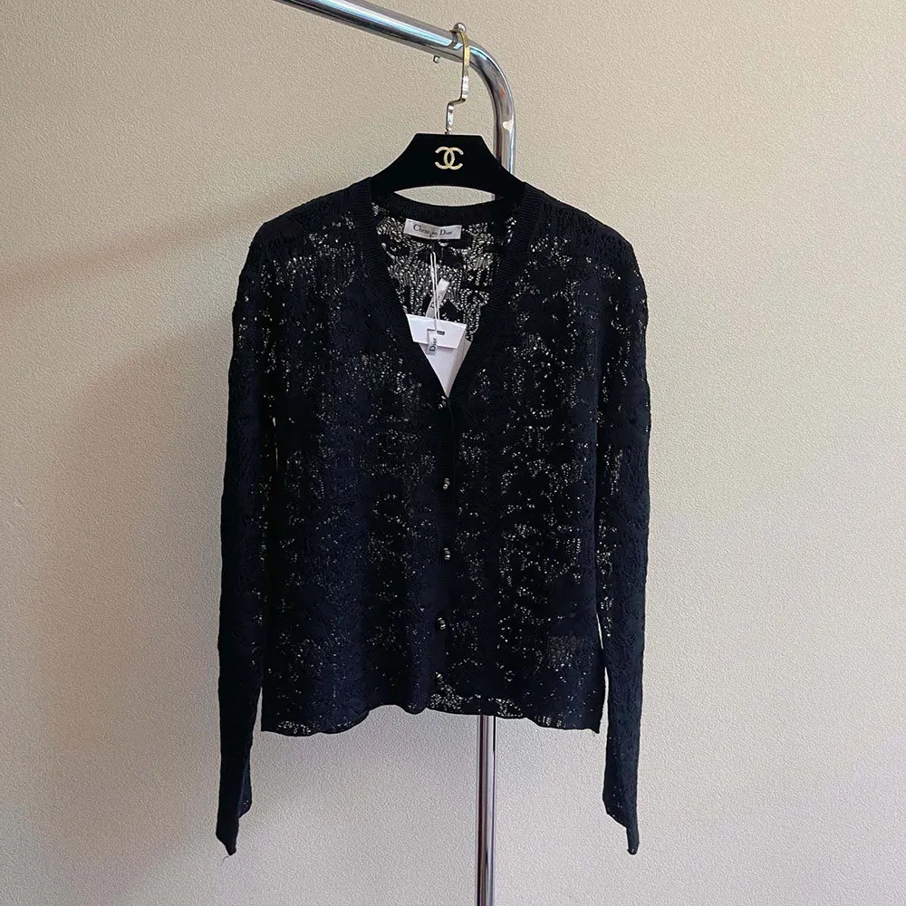Close-up of lace detail on Dior Women Twinset Black Mohair and Wool Blend Lace