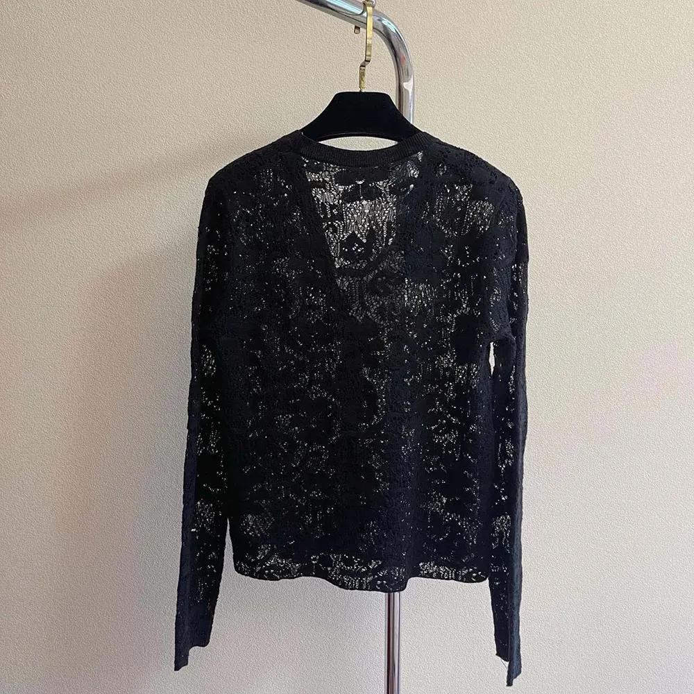 Side profile showing silhouette of Dior Women Twinset Black Mohair and Wool Blend Lace