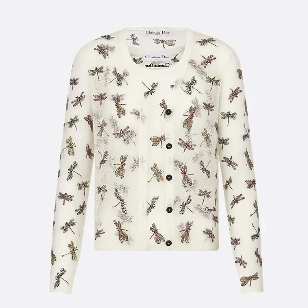 Front view of Dior Women Twinset White Mohair and Alpaca Blend Knit with dragonfly motif