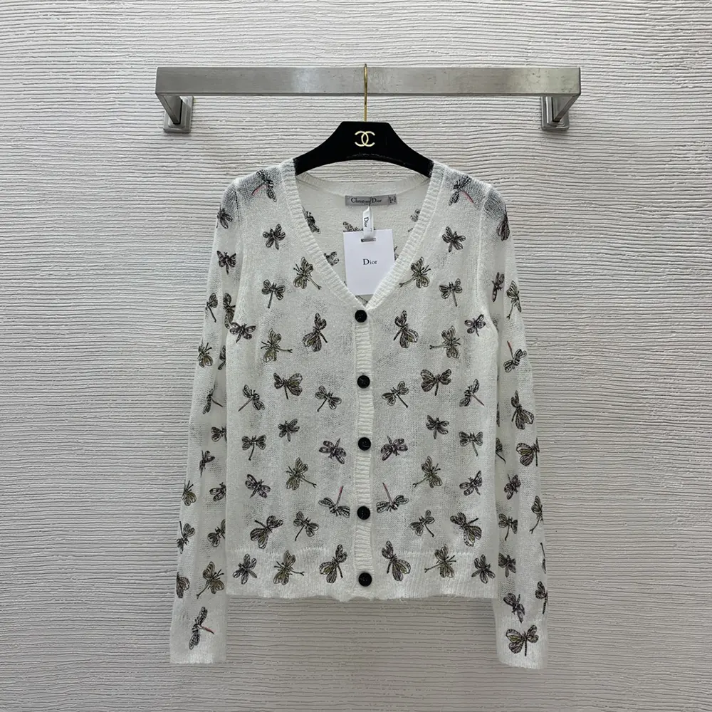 Close-up of multicolor dragonfly embroidery on Dior Women Twinset white knit