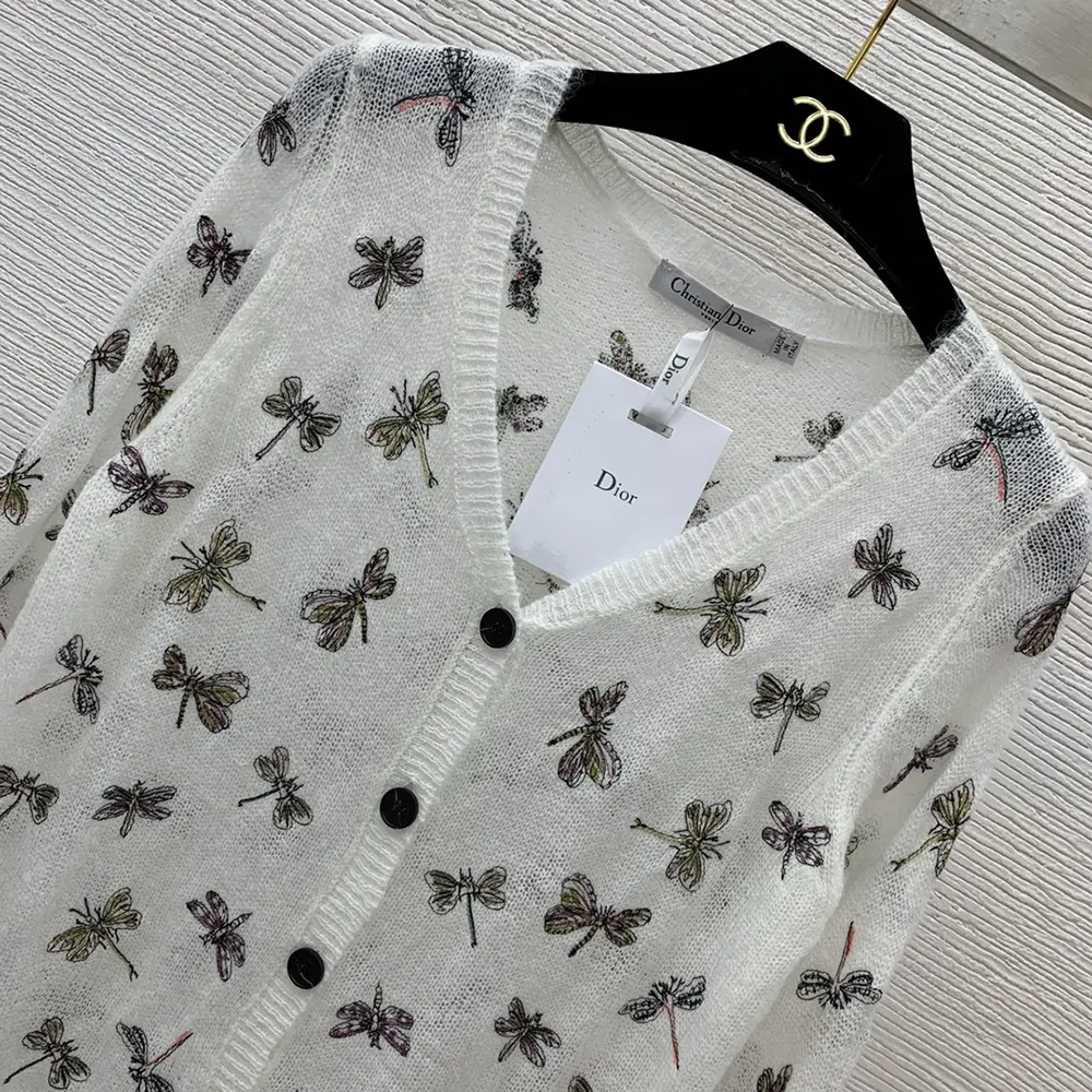 Dior Women Twinset White Mohair and Alpaca Blend Knit with Multicolor Dragonfly Motif - image 4