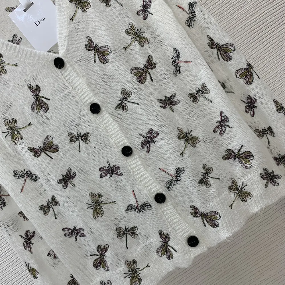 Dior Women Twinset White Mohair and Alpaca Blend Knit with Multicolor Dragonfly Motif - image 8