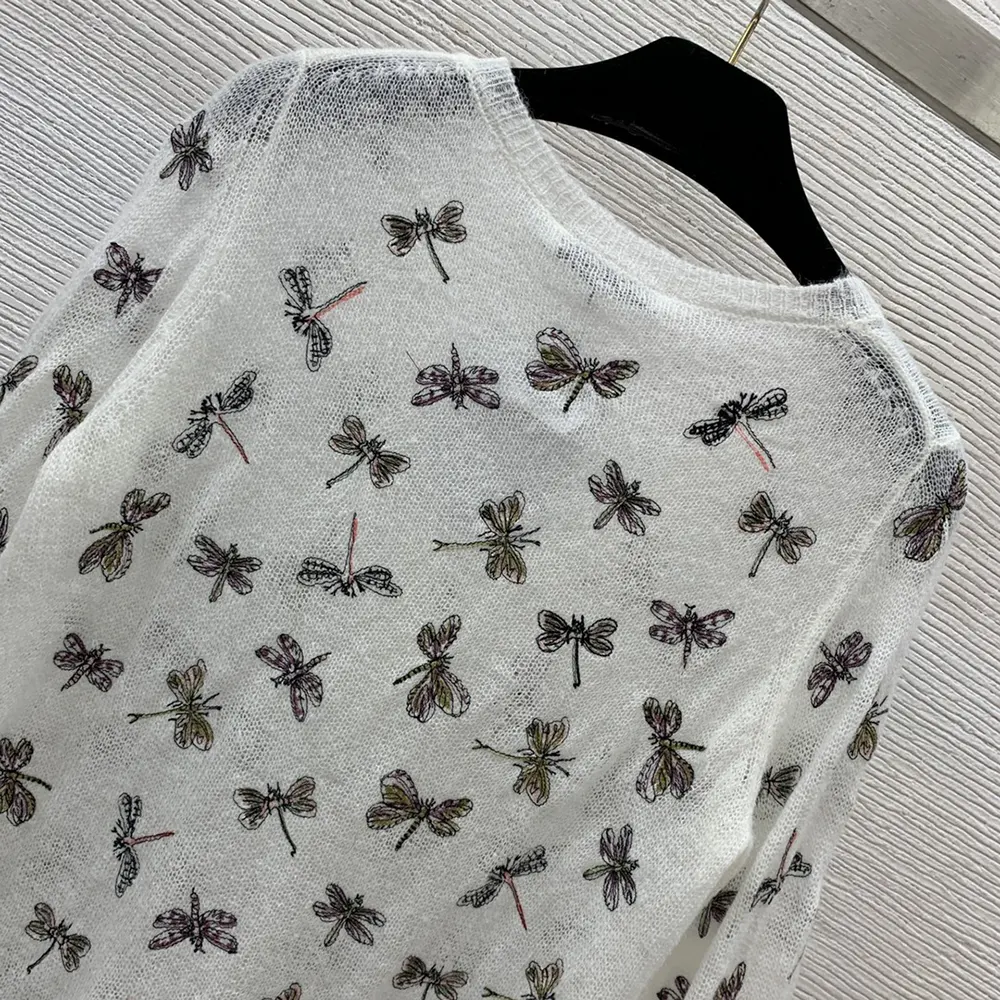 Dior Women Twinset White Mohair and Alpaca Blend Knit with Multicolor Dragonfly Motif - image 5