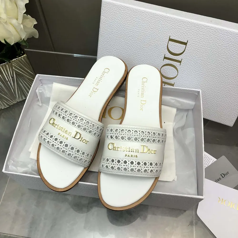 Close-up of openwork Microcannage detail on Dior Women White Calfskin sandal