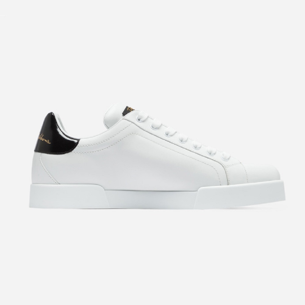 Side profile of Dolce Gabbana D&G Unisex Leather Portofino Sneakers-White
