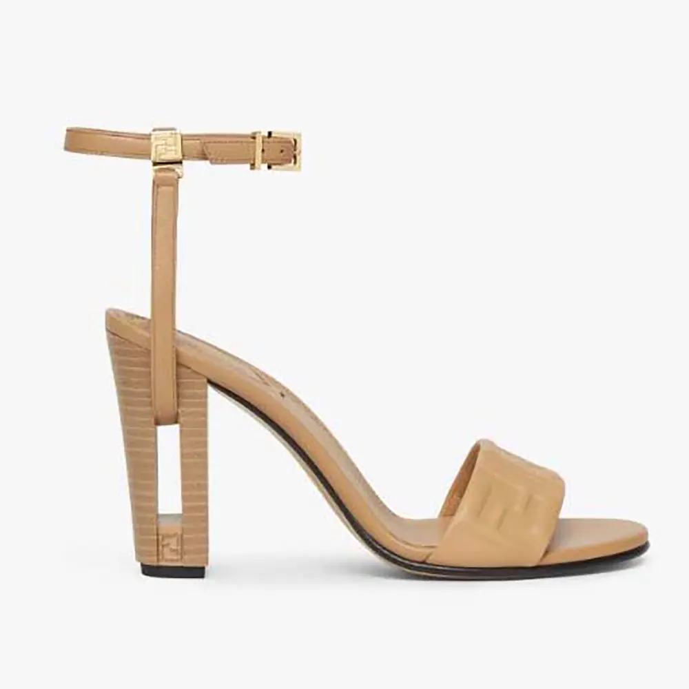 Side view of Fendi Women Delfina Beige FF Nappa Leather High-heeled Sandals