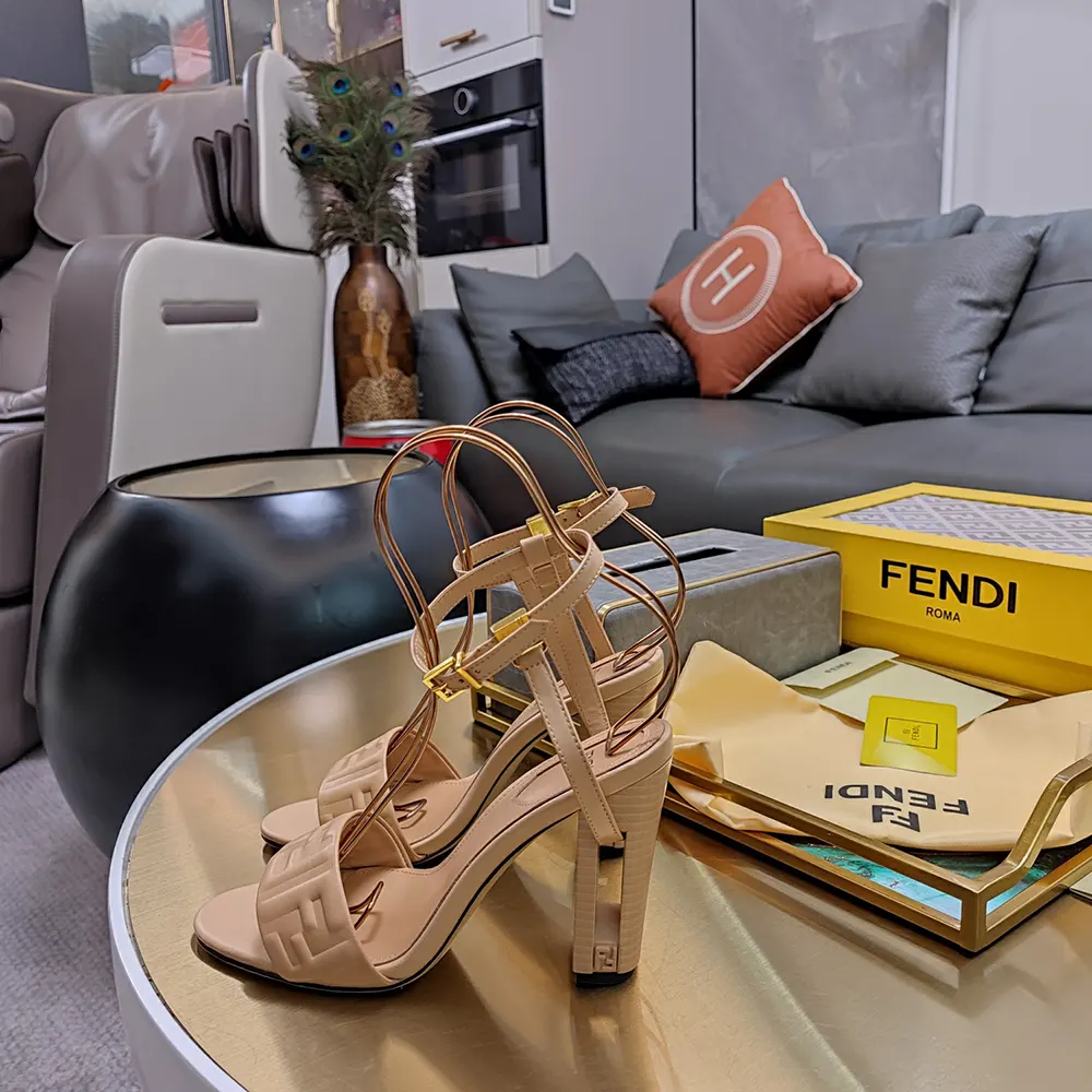 Fendi Women Delfina Beige FF Nappa Leather High-heeled Sandals - image 9