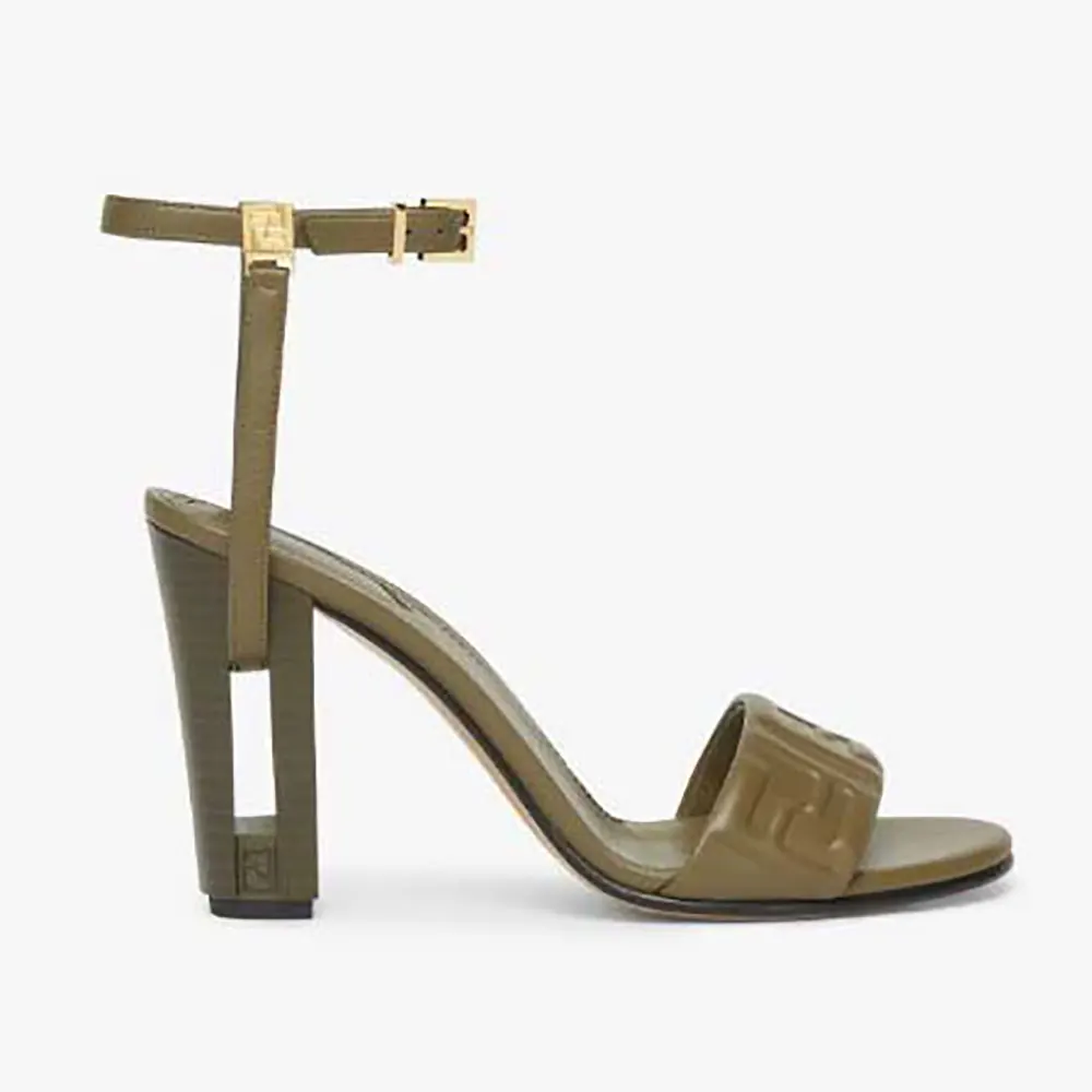 Side profile of Fendi Women Delfina Green FF Nappa Leather High-heeled Sandals