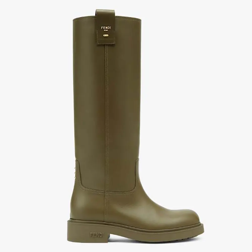 Side profile of Fendi Women Fendi Filo Green Leather Boots showing buckle