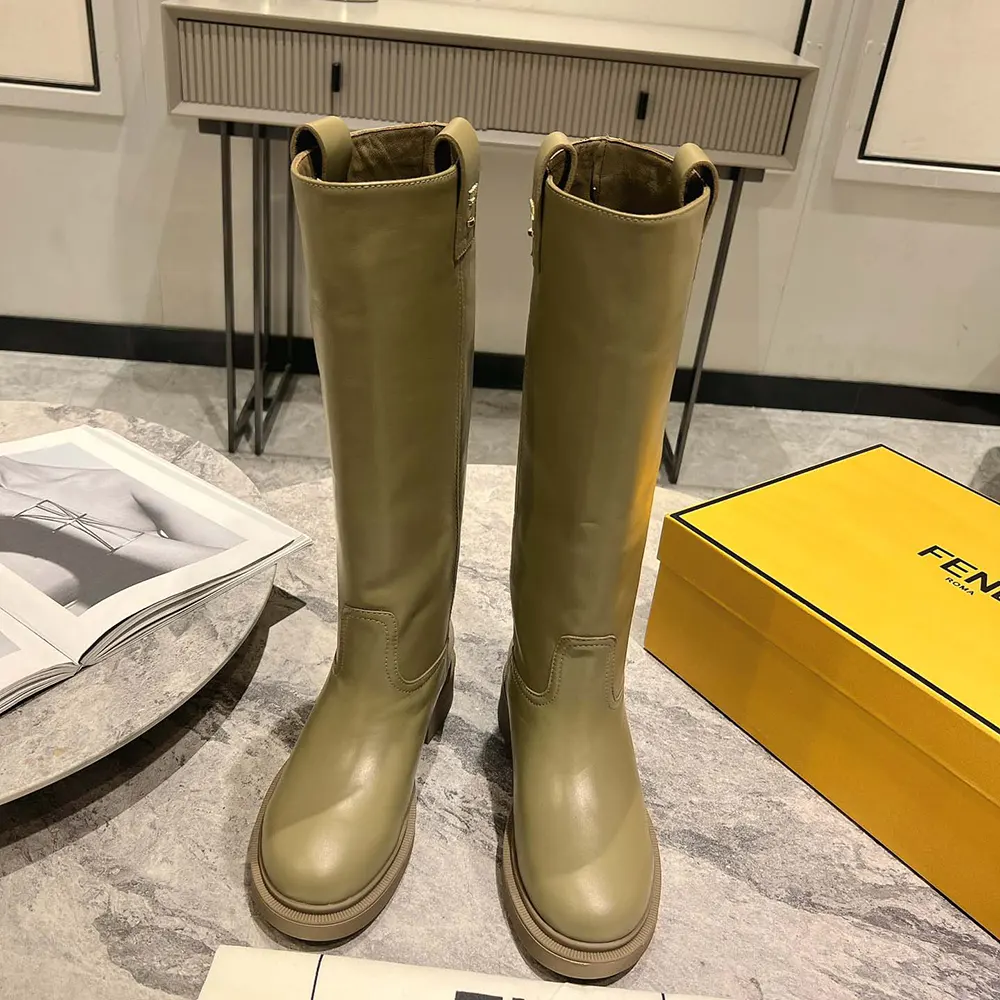 Close-up of dark green leather detail on Fendi Women Fendi Filo Boots