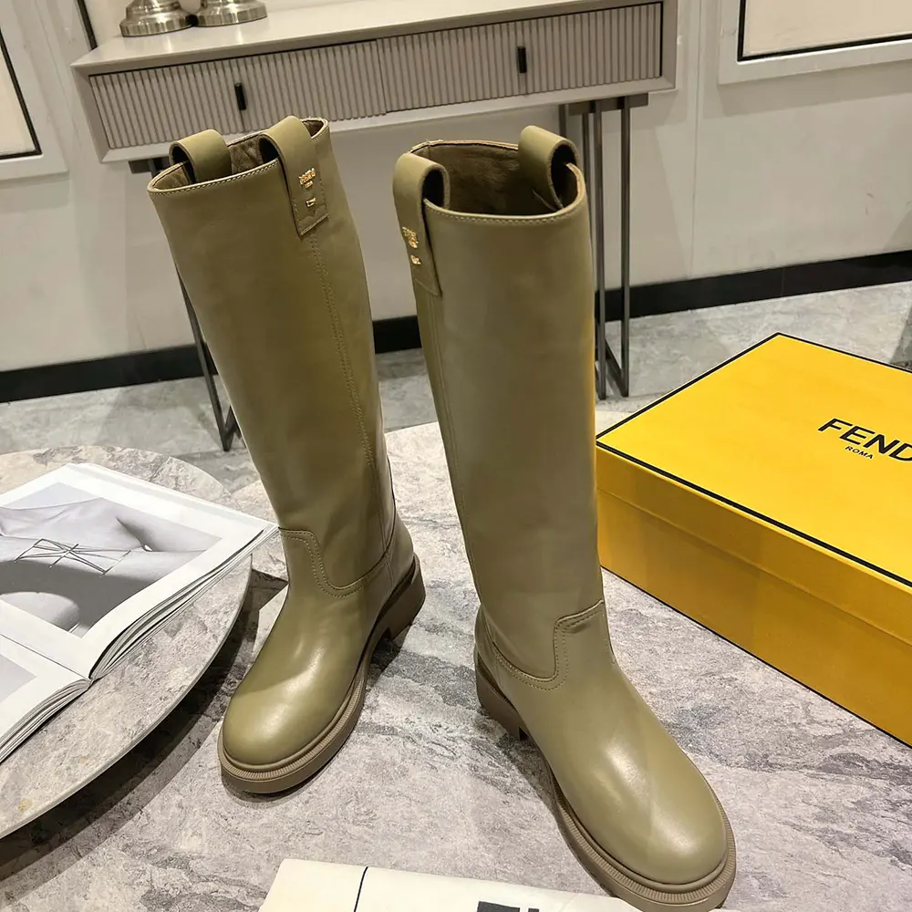 Front view of Fendi Women Fendi Filo Green Leather Boots on white background