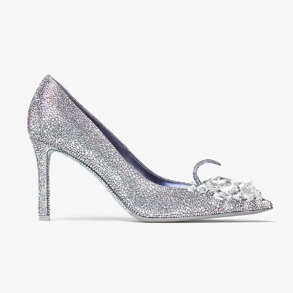 Side view of Jimmy Choo Women Crystal Slipper 85 Iridescent Crystal Pointed-Toe Pumps