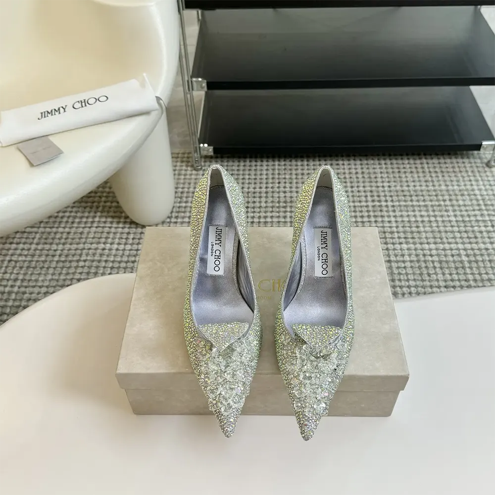 Close-up of iridescent crystal detail on Jimmy Choo Crystal Slipper 85 pumps