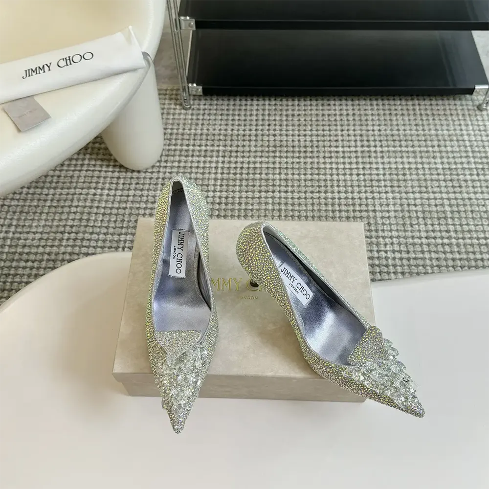 Top-down angle showing the pointed toe of Jimmy Choo Women Crystal Slipper 85