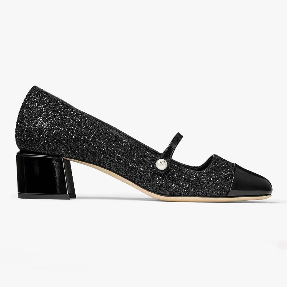 Side profile of Jimmy Choo Women Elisa 45 Black Leather Glitter Pumps