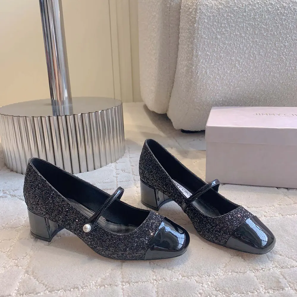 Close-up of glitter detail on Jimmy Choo Women Elisa 45 pumps