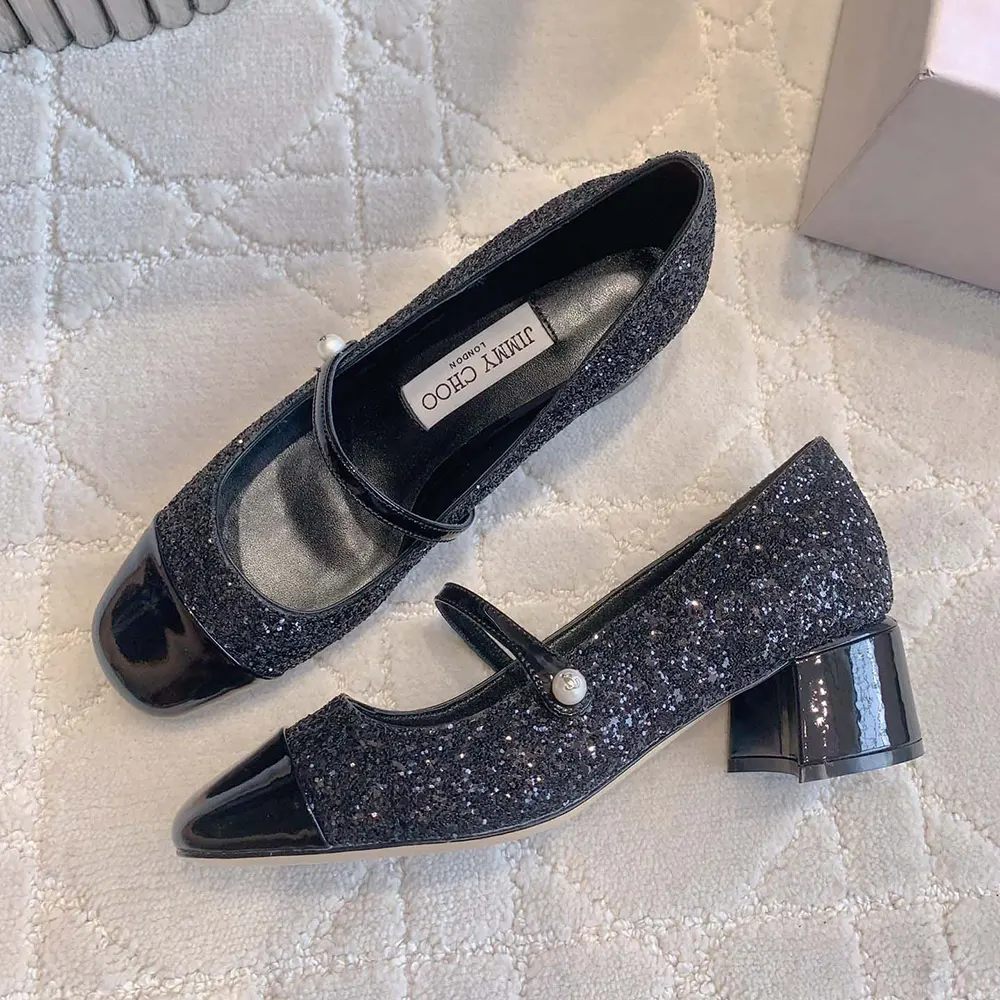 Jimmy Choo Women Elisa 45 Black Leather Glitter Pumps - image 4