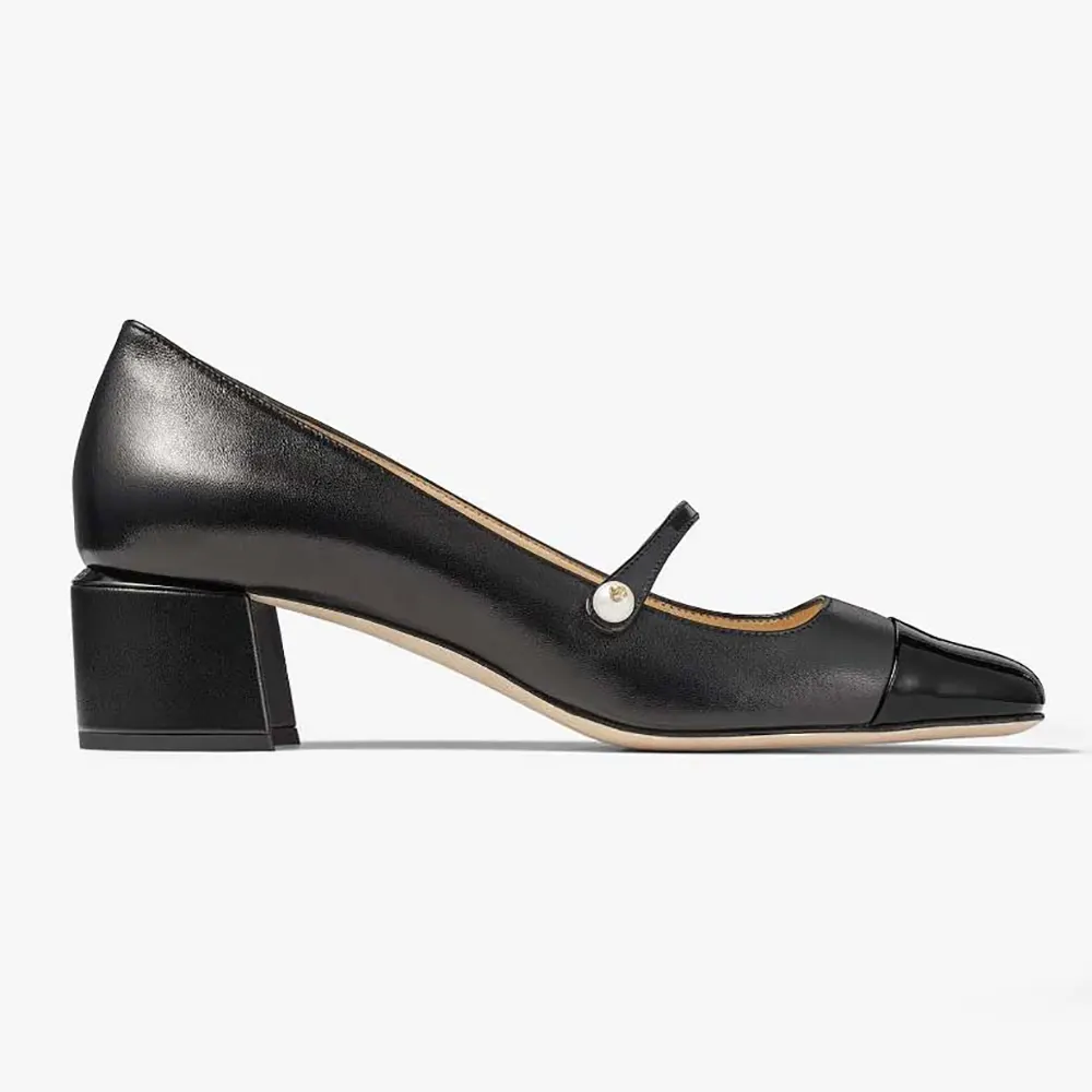 Side view of Jimmy Choo Women Elisa 45 Black Nappa and Patent Leather Pumps
