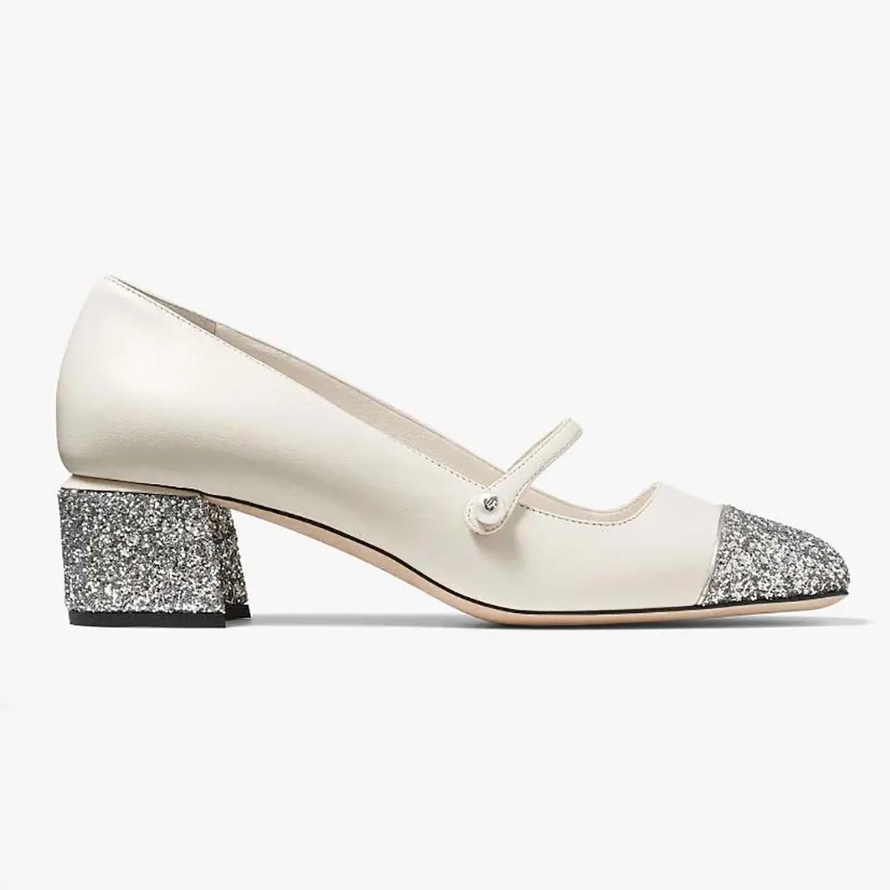 Jimmy Choo Women Elisa 45 Silver Latte Glitter Leather Pumps side view