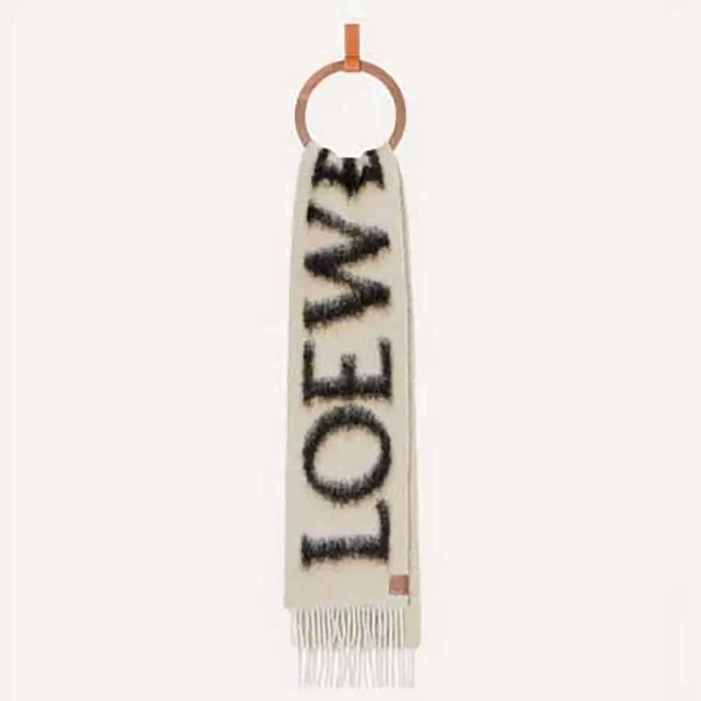 Front view of Loewe Unisex LOEWE Scarf in Wool and Mohair-White/Black