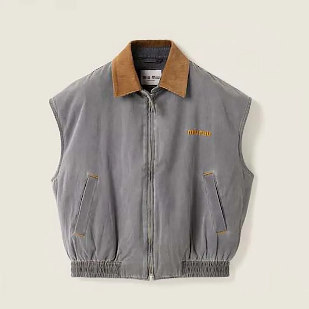 Front view of Miu Miu Women Chambray Blouson Vest in gray