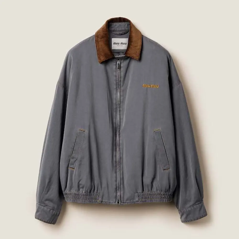 Front view of Miu Miu Women Chambray Jacket with Velvet Collar in gray