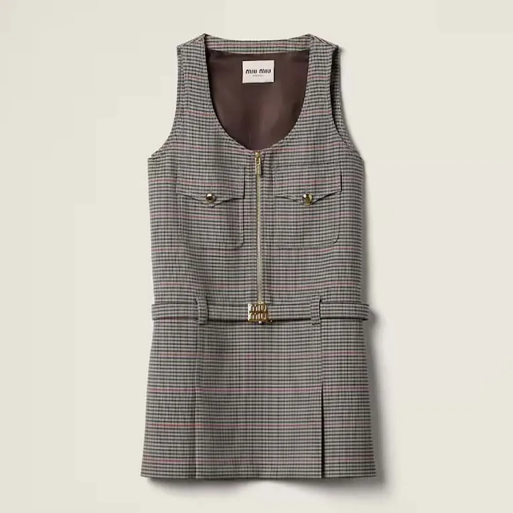 Front view of Miu Miu Women Checked Dress in grey wool blend